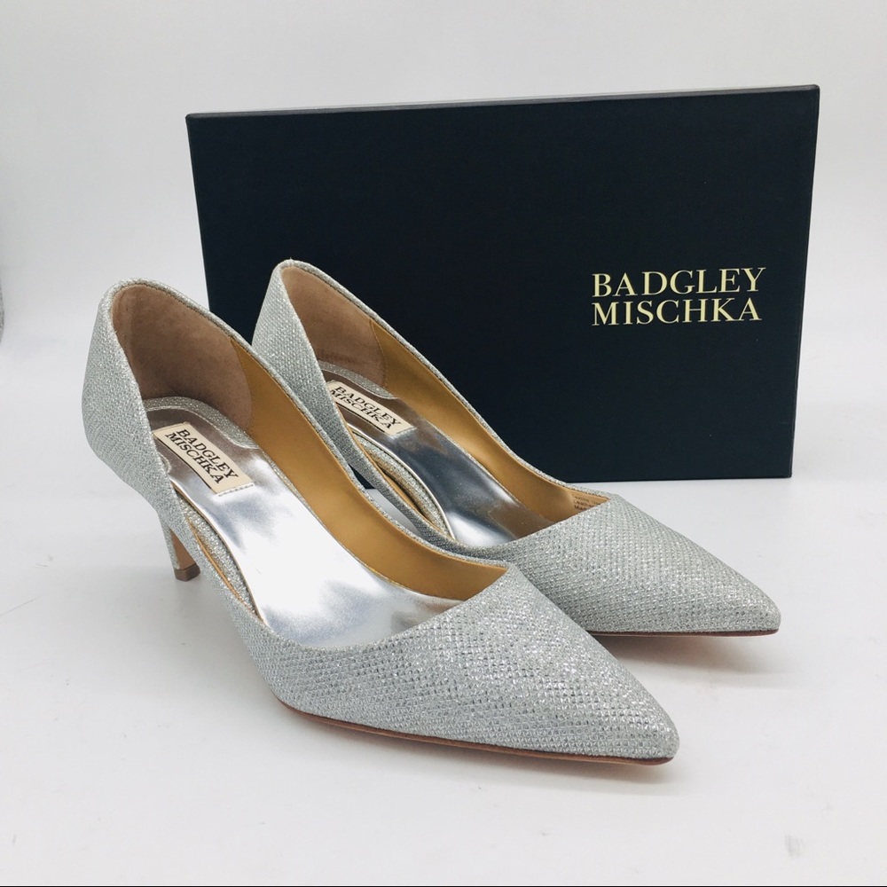 Badgley Mischka Silver Diamond Drill Fabric Pumps